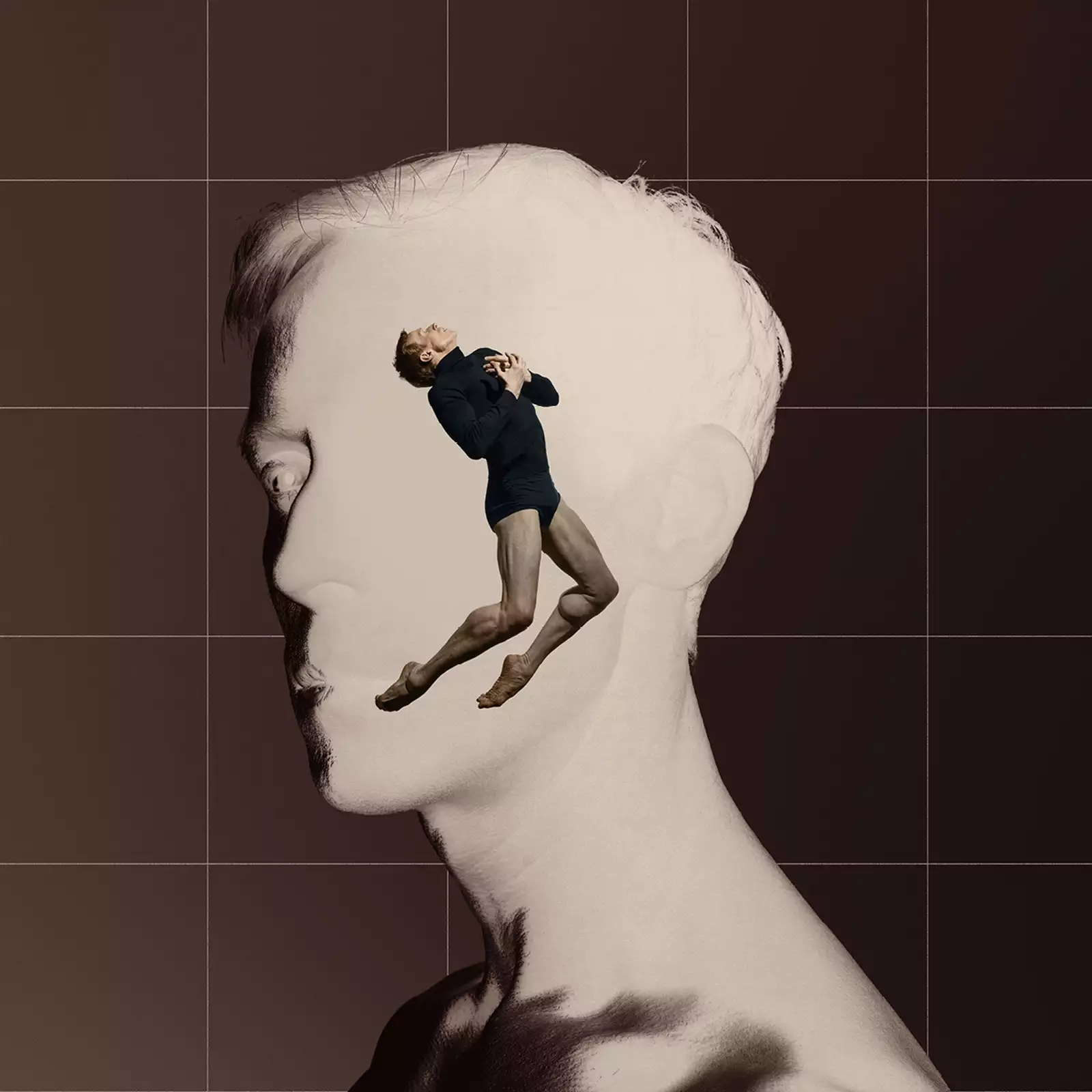 A digital collage features 1分钟最快开奖结果查询记录 一分钟更新赛果体彩 赛车首页《极速赛车》最新记录168官网开奖结果 a grayscale side profile of a man's face, with a dancer emerging from within, positioned in a dramatic pose. The background is divided into a warm brown and a grid-like structure, enhancing the contrast between the two figures.