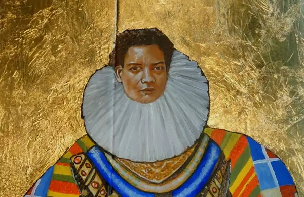 A portrait painting of a Black queen wearing a mixture of traditional European Tudor dress and West African prints