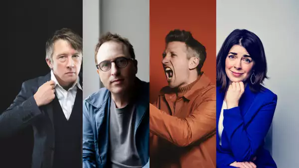 Comedians  Jon Ronson, Rosie Holt, Stuart Goldsmith and Jonathan Pie