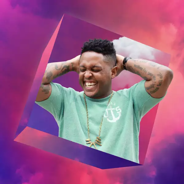 A portrait of Danez Smith on a background of dreamy purple clouds