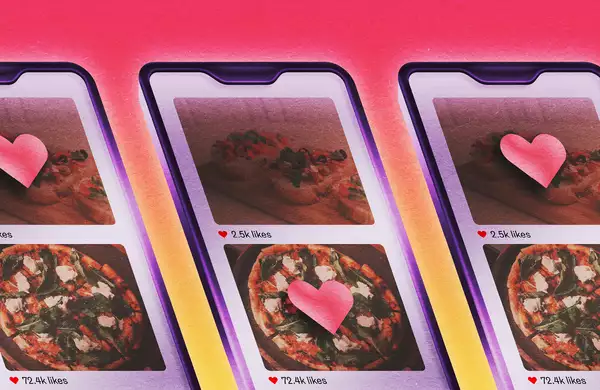 Illustration of three phones showing a social media feed of pizzas and likes – on a pink and yellow gradient background