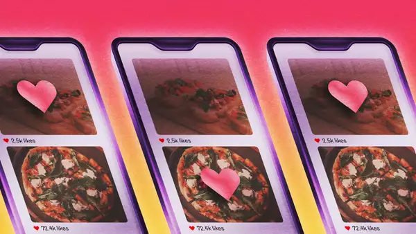 Illustration of three phones showing a social media feed of pizzas and likes – on a pink and yellow gradient background