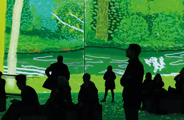 People sit and stand in David Hockney: Bigger & Closer (not smaller & further away) at Aviva Studios. Hockney's image of a forest is projected on the walls.