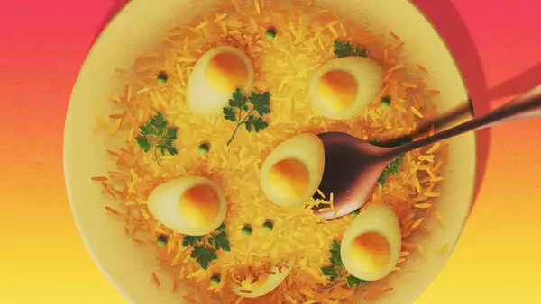 illustration of kedgeree on a yellow and pink gradient background