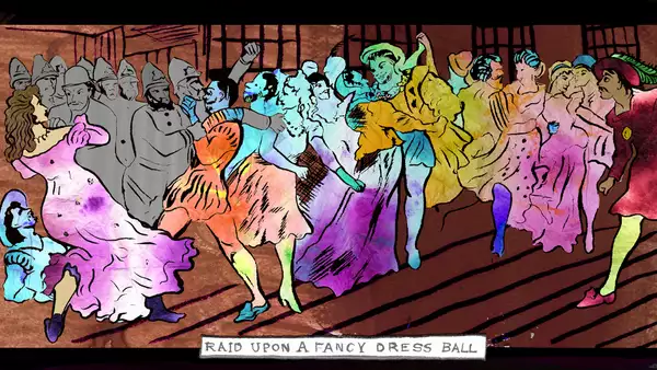 An illustration of police intercepting people at a costume ball
