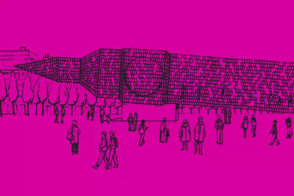 Pink cartoon image of a big ben shaped object lying sideways with people walking around