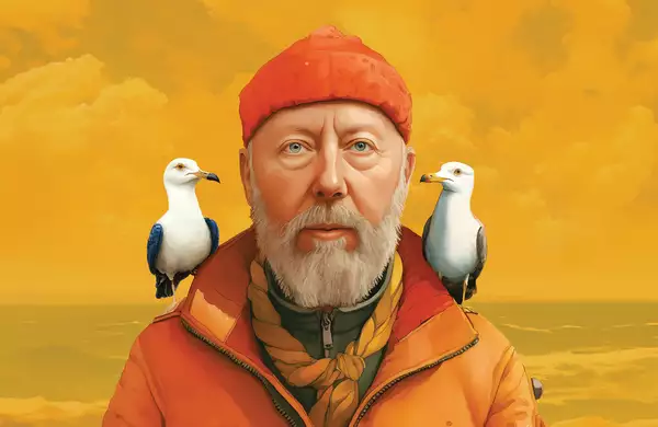 An illustration of Richard Thompson wearing an orange outfit with two birds on his shoulders – on a yellow background