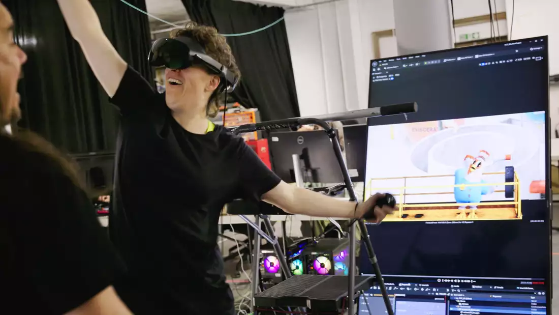 A person wearing an Oculus Pro headset during the production of Sweet Dreams