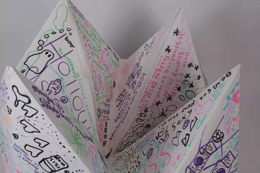 A close-up image of a fortune teller with colourful drawings and text on