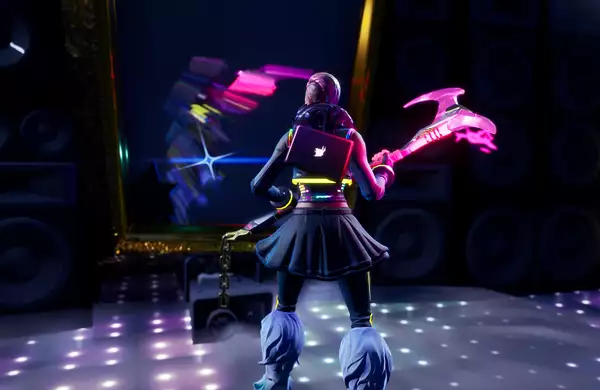 Digital character standing in front of a mirror holding an axe