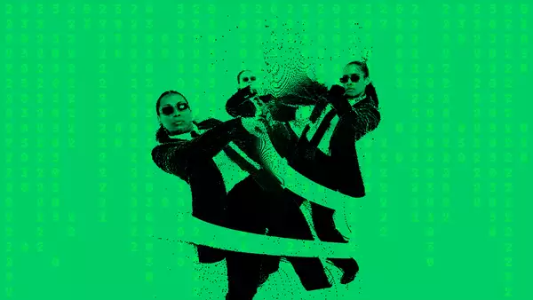Three dancers pose wearing suits and sunglasses. The image is black and green with a pixellated effect.